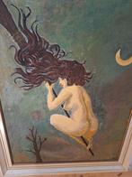 Schilderij op paneel: Heks op een bezemsteel, Ophalen of Verzenden