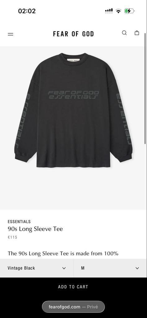 Fear of God Essentials Longsleeve M (L/XL), Kleding | Heren, T-shirts, Nieuw, Maat 48/50 (M), Zwart, Ophalen of Verzenden