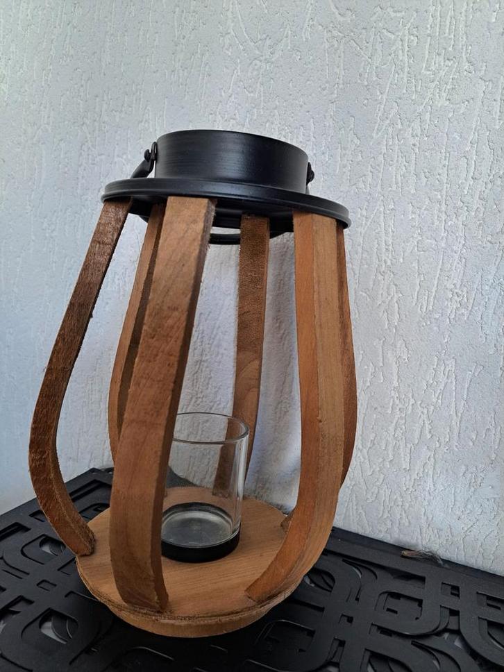 Houten Kandelaar met Glas, Huis en Inrichting, Woonaccessoires | Kandelaars en Kaarsen, Zo goed als nieuw, Kandelaar, 25 tot 50 cm