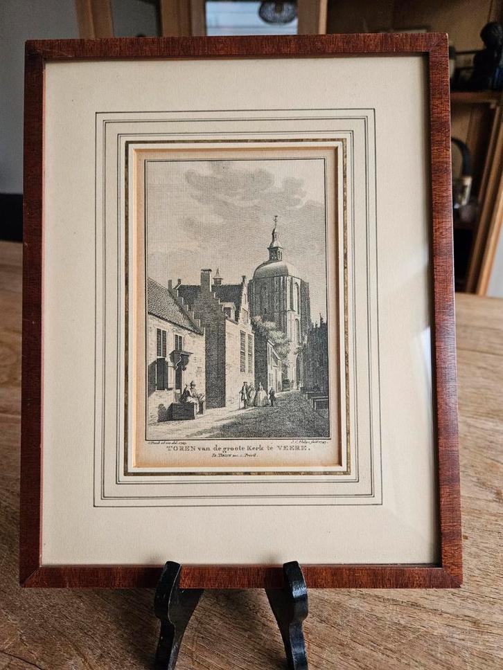 Gravure /prent van de toren van de Grote Kerk uit Veere., Antiek en Kunst, Kunst | Etsen en Gravures, Ophalen of Verzenden