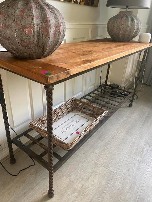 Combi salontafel en side table teak industrieel, Huis en Inrichting, Tafels | Sidetables, Gebruikt, 25 tot 50 cm, 150 tot 200 cm