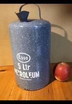 Gewolkt, grijs / wit emaille petroleum kannetje Esso 5 liter, Ophalen of Verzenden