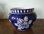 Bloempot, jardiniere blauw/wit aardewerk, vintage, 25 tot 40 cm, Gebruikt, Rond, Minder dan 40 cm