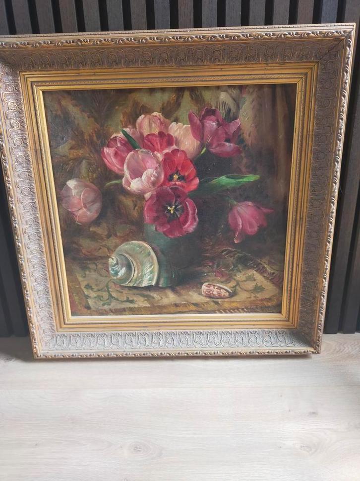 Stilleven met Tulpen en Schelp - W.E. Roelofs jr., Antiek en Kunst, Kunst | Schilderijen | Klassiek, Ophalen