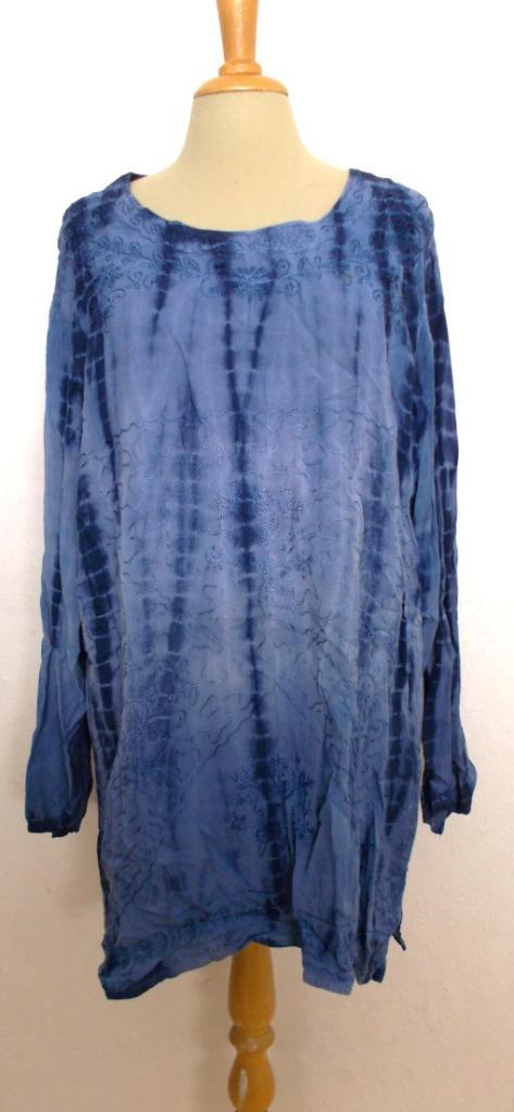 Blauwe tuniek bewerkt met borduursels van Flying Peacock! L, Kleding | Dames, Blouses en Tunieken, Zo goed als nieuw, Maat 42/44 (L)