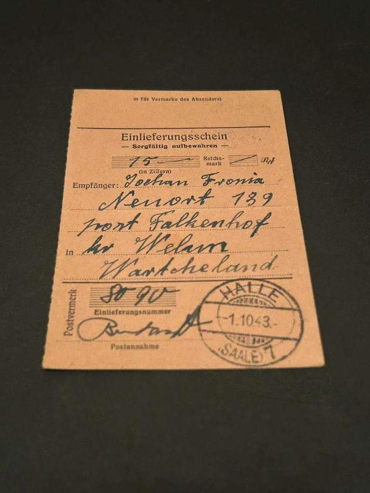 WWII Einlieferungsschein Litzmannstadt, 1944, Verzamelen, Militaria | Tweede Wereldoorlog, Nederland, Ophalen of Verzenden