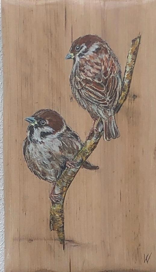 Schilderij Musjes op hout, Antiek en Kunst, Kunst | Schilderijen | Modern, Verzenden