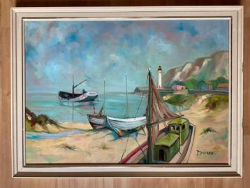 Schilderij in olieverf Schepen op het strand door Douard beschikbaar voor biedingen