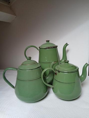 Vintage Reseda Groene Emaille Potjes - Set van 3 beschikbaar voor biedingen