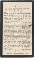 Broeder Henricus v.d. Kraanmeer 1881 Erp + 1928 Congo, 46 jr, Verzamelen, Verzenden, Bidprentje