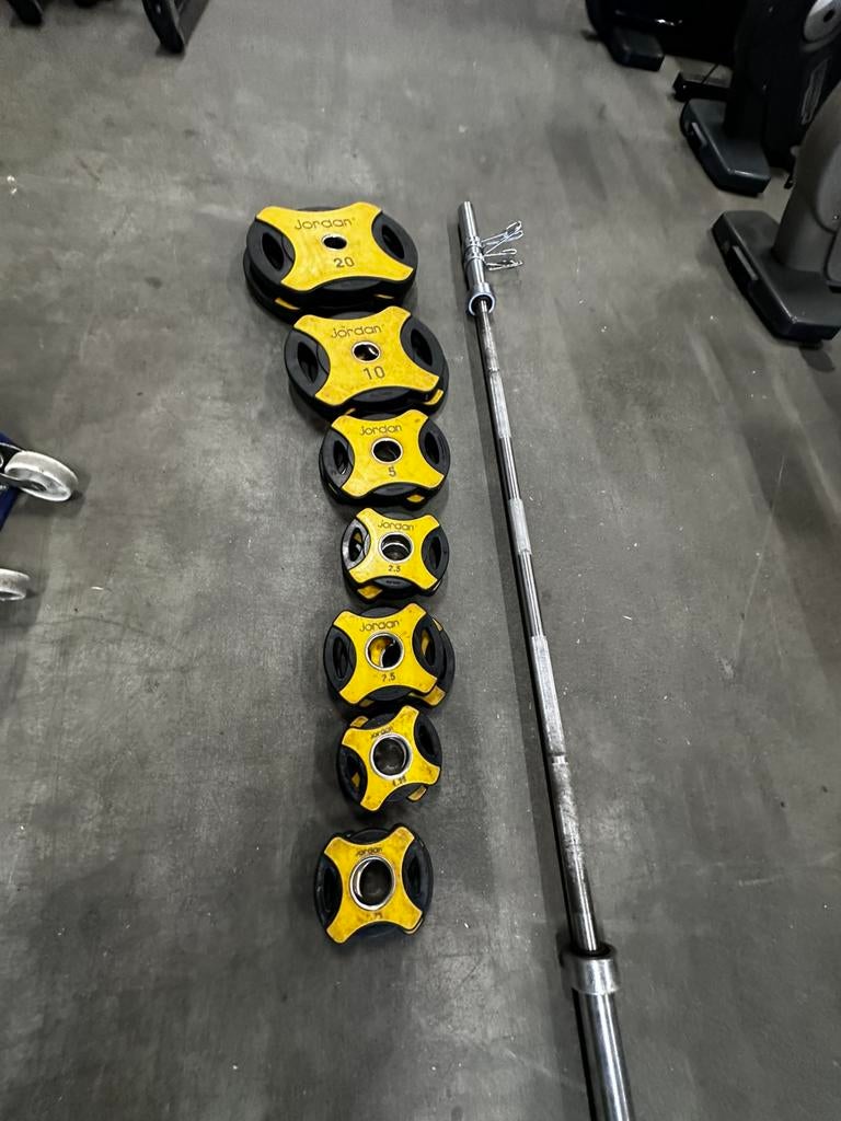 85kg Olympische Gewichten , Olympische Halterstang 220cm, Sport en Fitness, Fitnessmaterialen, Ophalen, Gebruikt, Halterschijven