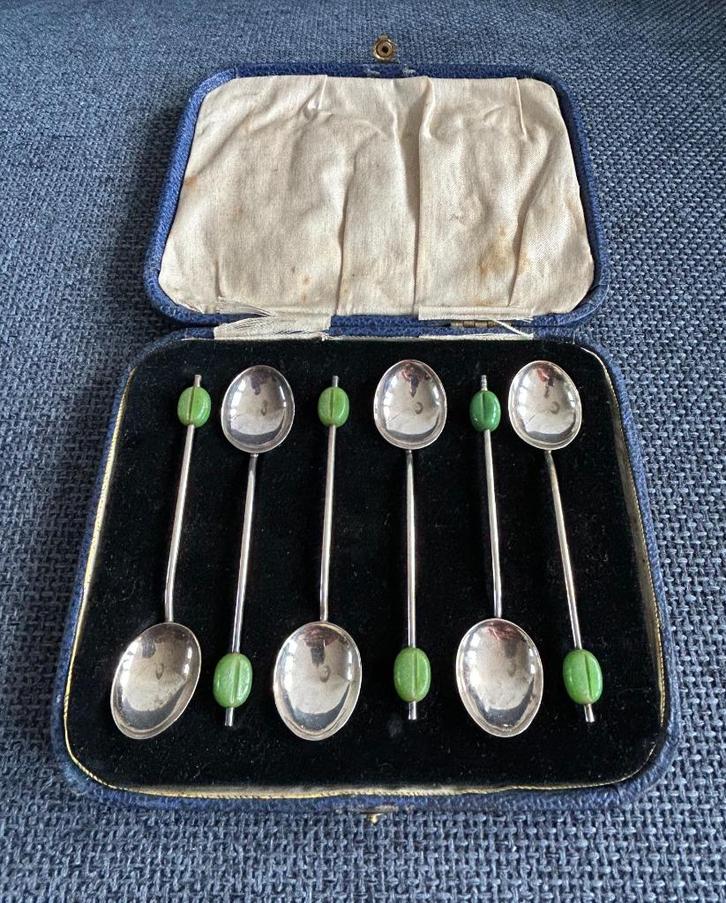 Vintage zilveren koffielepels met groene boon, Antiek en Kunst, Antiek | Goud en Zilver, Zilver, Ophalen of Verzenden