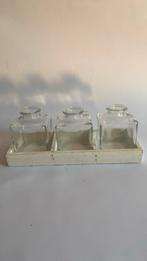 3 kleine glazen vaasjes op tray, Gebruikt, Overige kleuren, Ophalen of Verzenden, Glas
