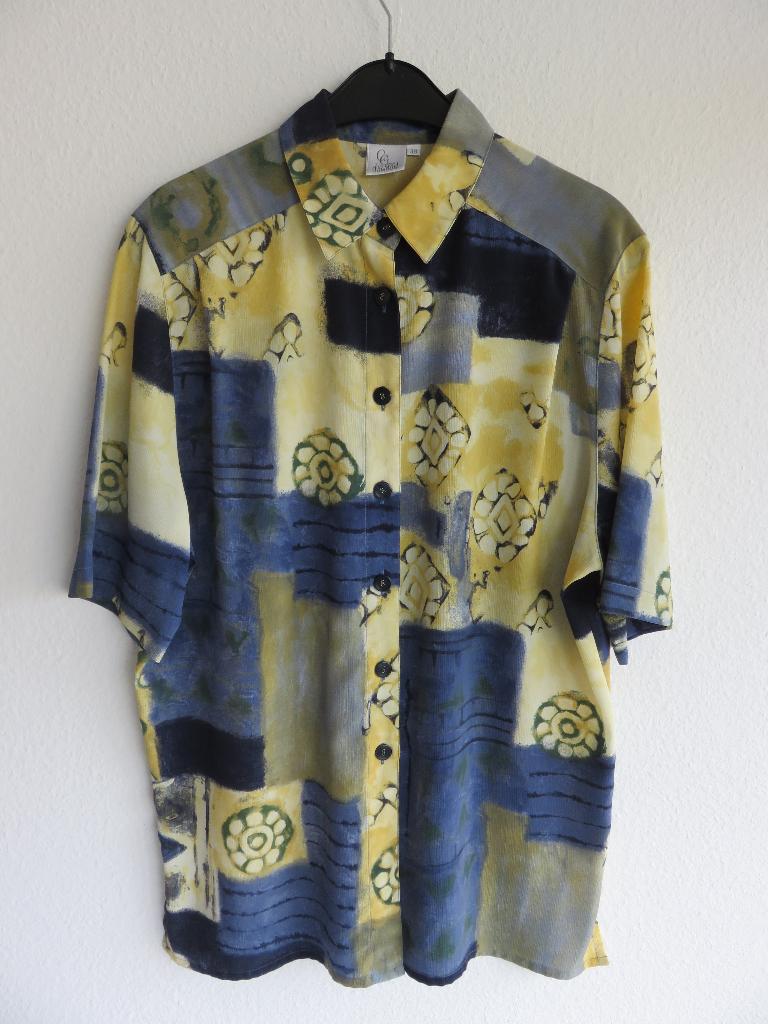 Vintage DelMod blouse geel met blauwe print maat 38, Maat 38/40 (M), Geel, DelMod, Ophalen of Verzenden