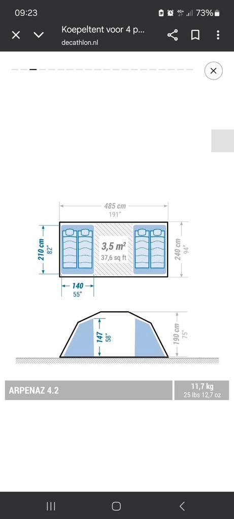 Decathlon Arpenaz 4.2 - 4 persoons tent - Zo goed als nieuw, Caravans en Kamperen, Tenten, tot en met 4, Zo goed als nieuw, Ophalen of Verzenden