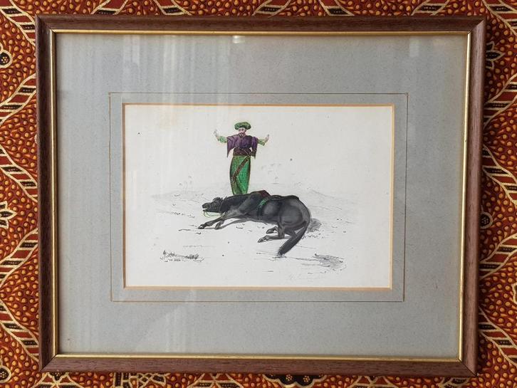 Man met paard mooie oude ingelijste Oosterse aquarel 27 cm., Antiek en Kunst, Kunst | Niet-Westerse kunst, Ophalen of Verzenden