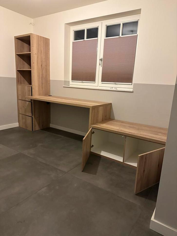 Kantoormeubel set: bureau, kast en bankje, Huis en Inrichting, Bureaus, Gebruikt, Bureau, Ophalen