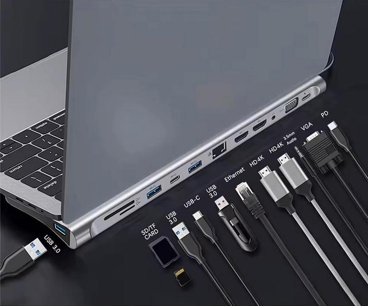 USB C HUB Docking Station Alu Laptop 11 in 1, Computers en Software, Windows Laptops, Nieuw, 14 inch, Ophalen of Verzenden