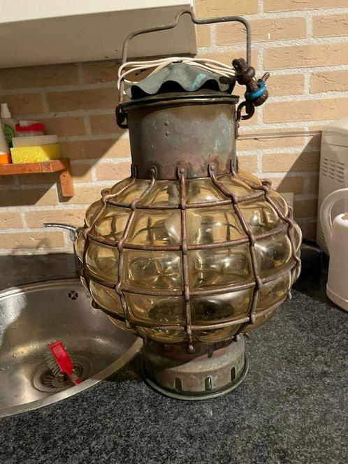 Vintage Scheepslantaarn Koper Mondgeblazen Glas, Antiek en Kunst, Antiek | Lampen, Ophalen