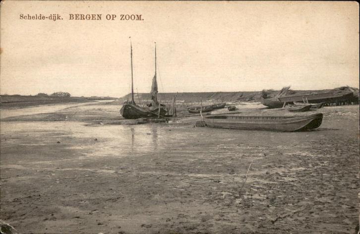 Bergen op Zoom Schelde dijk  met drooggevallen schepen 1915, Verzamelen, Ansichtkaarten | Nederland, Gelopen, Noord-Brabant, Voor 1920