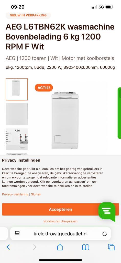 Nieuwe AEG L6TBN62K Wasmachine - Bovenlader 6 kg, Witgoed en Apparatuur, Wasmachines, Nieuw, Bovenlader, 6 tot 8 kg, 85 tot 90 cm