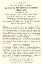 Catharina Dumoulin Waalwijk 1879 Nijmegen 1941, Verzamelen, Bidprentjes en Rouwkaarten, Bidprentje, Ophalen of Verzenden
