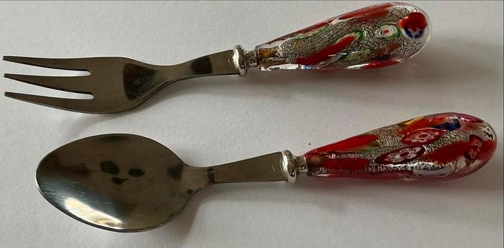 Lepel en Vork met Murano Glas Handvat, Antiek en Kunst, Antiek | Bestek, Ophalen of Verzenden