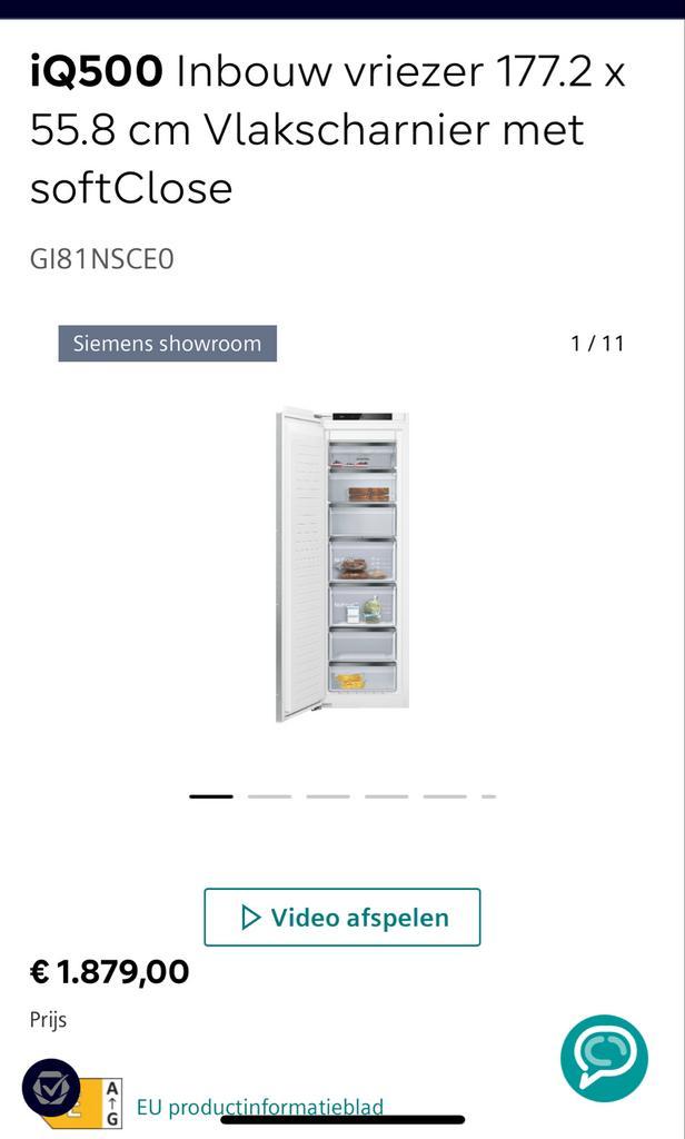 Siemens gi81nsce0 vriezer studioline - Showroommodel!, Witgoed en Apparatuur, Vriezers en Diepvrieskisten, Zo goed als nieuw, Inbouw