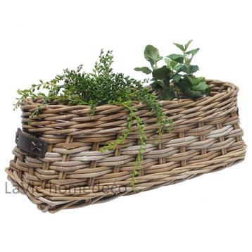 Rieten vensterbankmand met leer 20cm hoog beschikbaar voor biedingen