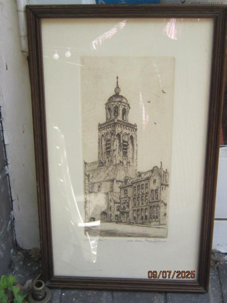 DEVENTER, Mooi ingelijst etsje van de Lebuiniskerk ?gesignee, Antiek en Kunst, Kunst | Etsen en Gravures, Ophalen