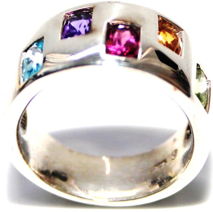 Schitterende Brede Sterling Zilveren Edelsteen Bandring, Sieraden, Tassen en Uiterlijk, Antieke sieraden, Ring, Zilver, Met edelsteen