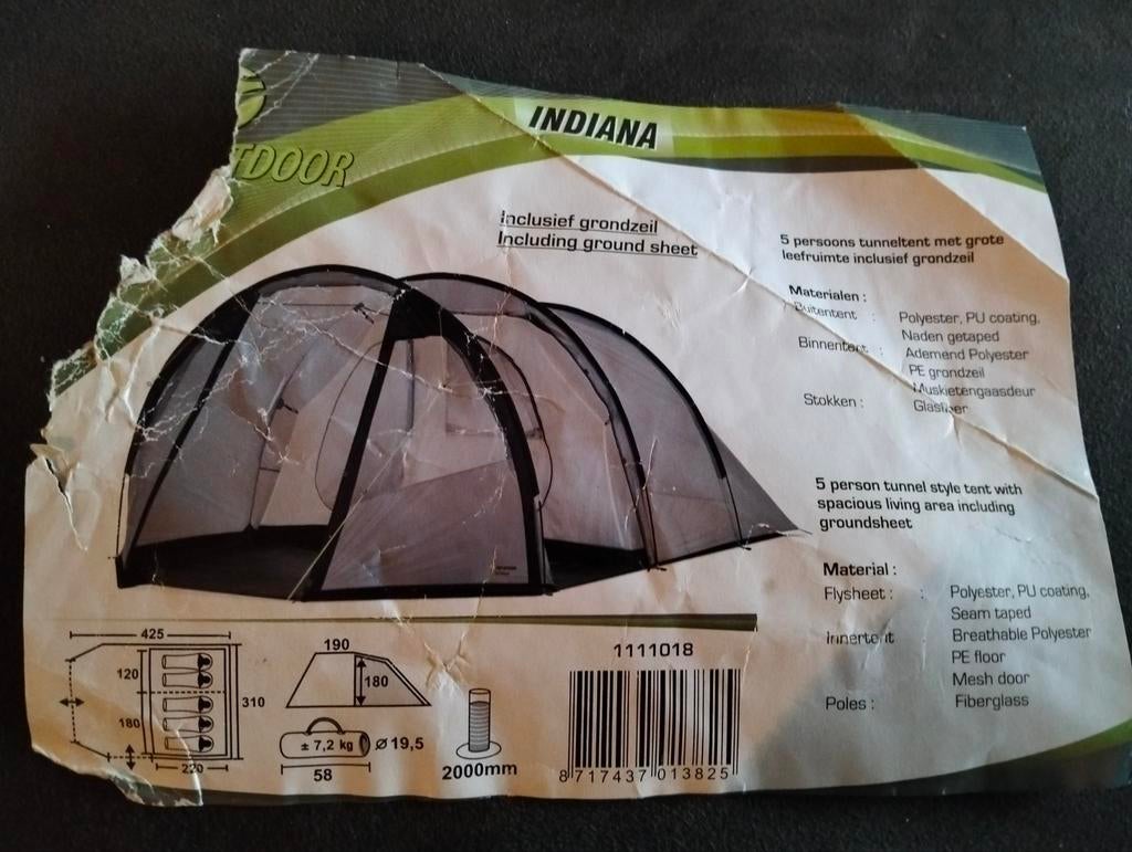 Indiana dws outdoor tunnel tent 5 pers., Caravans en Kamperen, Ophalen, Gebruikt, Tot en met 5