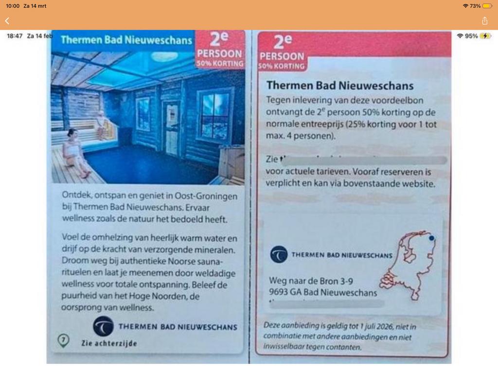 Kortingsbon voor sauna Thermen Bad Nieuweschans (KWF), Tickets en Kaartjes, Twee personen, Kortingsbon, Spa of Sauna