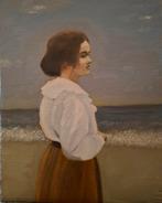Olieverfschilderij op hout: Vrouw aan Zee, 15x25 cm, Ophalen of Verzenden