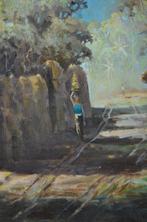 Indonesisch/Aziatisch schilderij: vrouw bij Tempelmuur, Ophalen of Verzenden