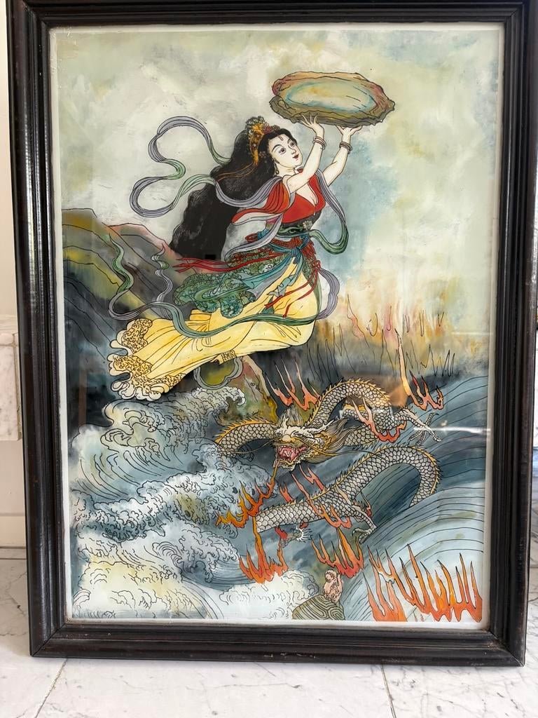 Prachtig oude chinese achterglas (op glas) schildering, Ophalen