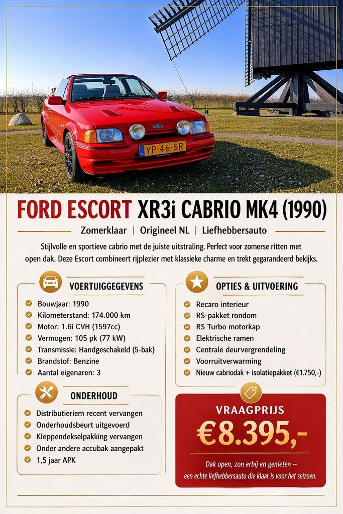 Ford Escort XR3i Cabrio | 1990 | NL auto | Recaro | NieuwKap, Ophalen, Gebruikt, Ford