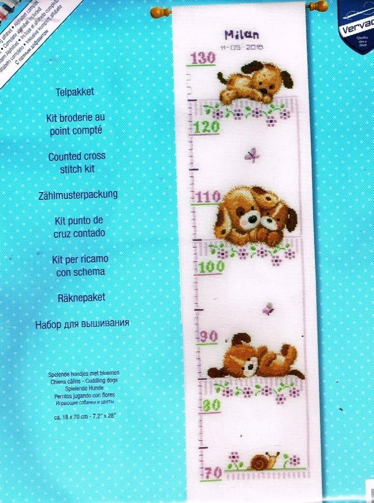 Cado vervaco borduurpakket groeimeter Spelende hondjes, Ophalen of Verzenden, Nieuw, Handborduren, Borduurpakket