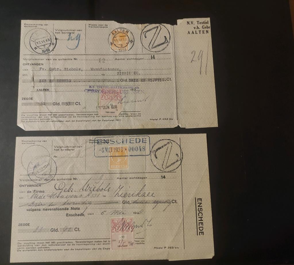 2x ontvangst kwitanties uit 1938, Ophalen of Verzenden, Voor 1920