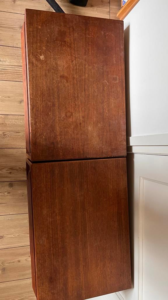 2 Midcentury massief houten nachtkastjes met lades, Ophalen, Gebruikt, Minder dan 45 cm, 55 tot 70 cm