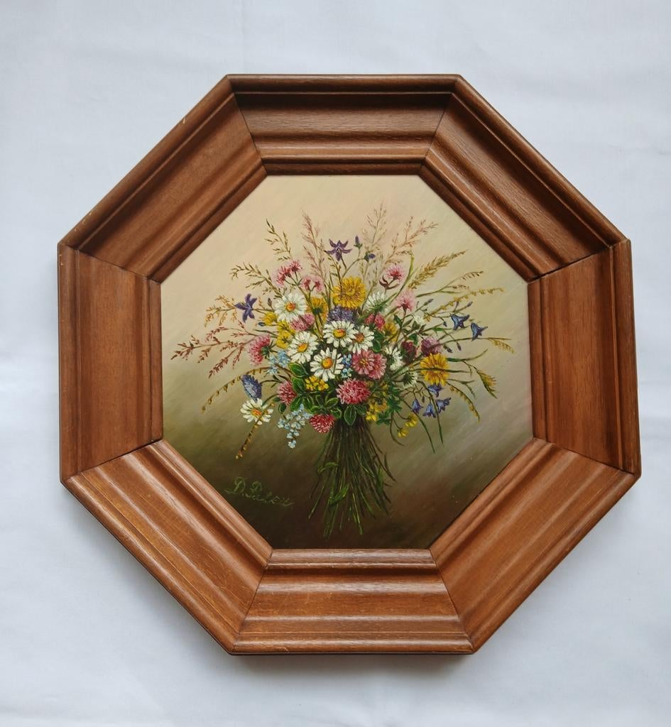 Bloemstilleven, olieverf in 8-hoekige lijst, Antiek en Kunst, Kunst | Schilderijen | Klassiek, Ophalen of Verzenden