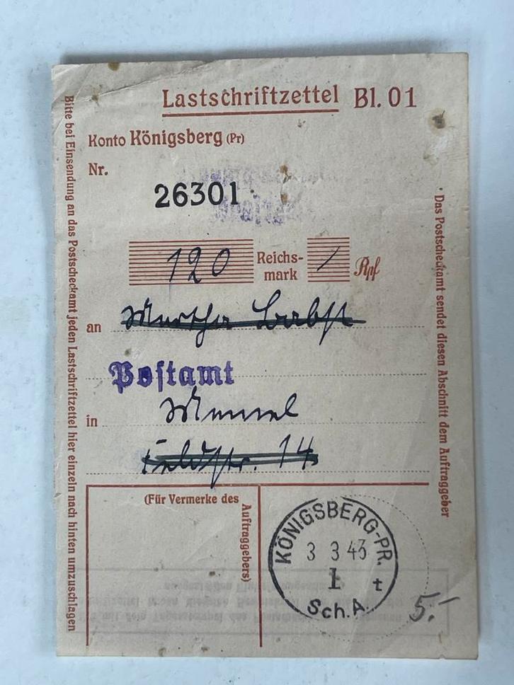 WO2  Königsberg (Pr) 120 Reichsmark overschrijvingsformulier, Postzegels en Munten, Aandelen en Waardepapieren, Overige typen