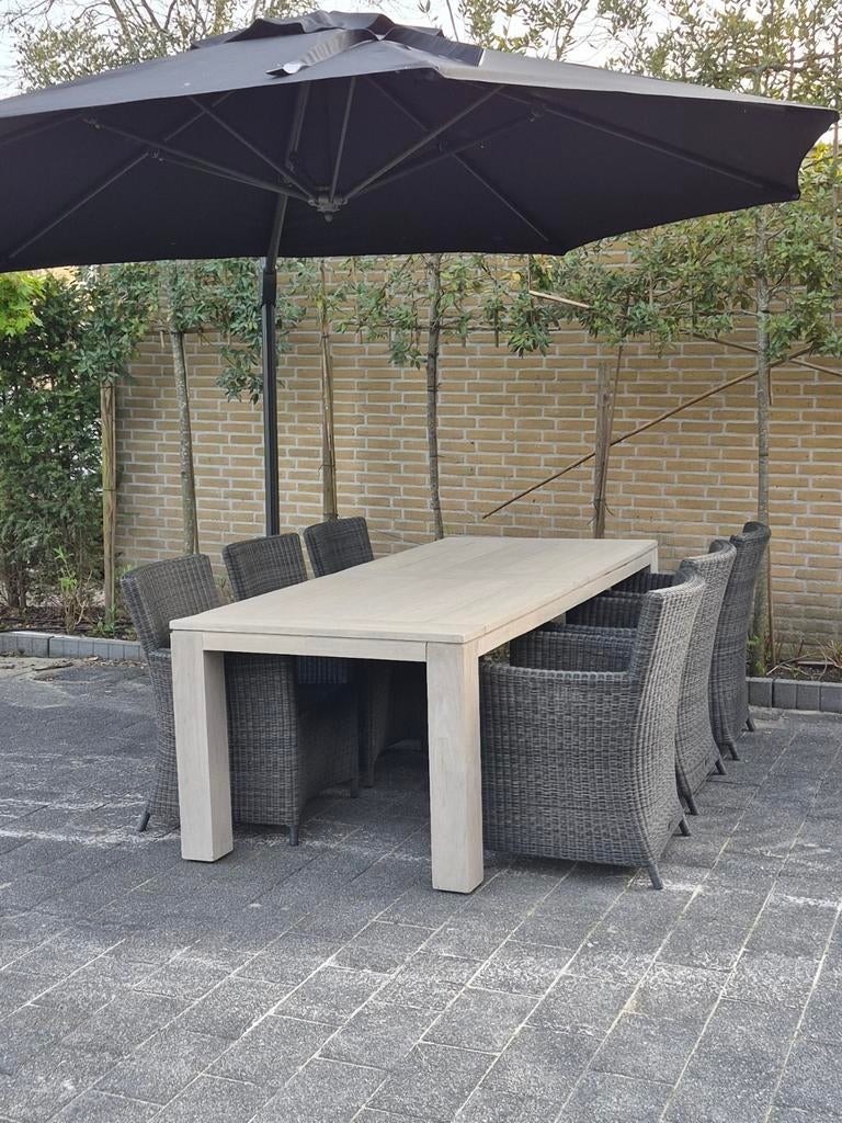 Zgan 6 persoons eetset platinum / life met parasol, Tuin en Terras, Ophalen, 6 zitplaatsen, Teakhout, Zo goed als nieuw