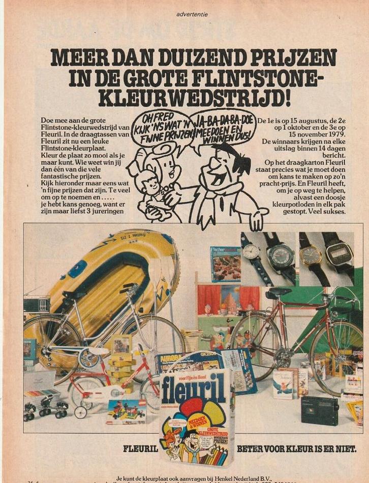 Retro reclame 1979 Fleuril wasmiddel Flintstones, Verzamelen, Retro, Overige typen, Verzenden