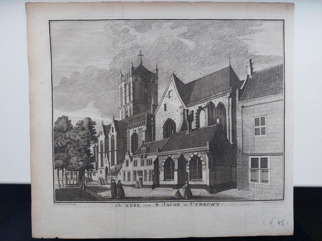 13 Kerk van S. Jacob re Utrecht Gravure uit 1752 J. Philips, Ophalen of Verzenden