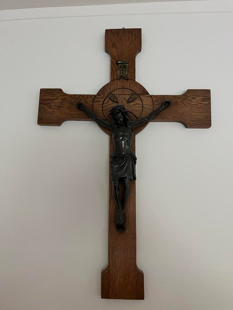 Houten Kruis met Zwart Crucifix, Antiek en Kunst, Antiek | Religie, Ophalen