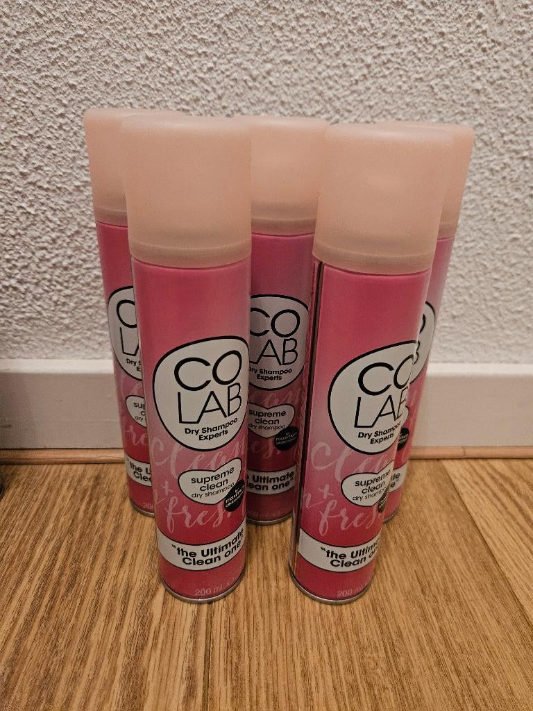 NIEUW 5 flessen Colab droogschampoo supreme clean twv € 30,-, Ophalen of Verzenden, Nieuw, Gel, Wax, Haarlak of Mousse