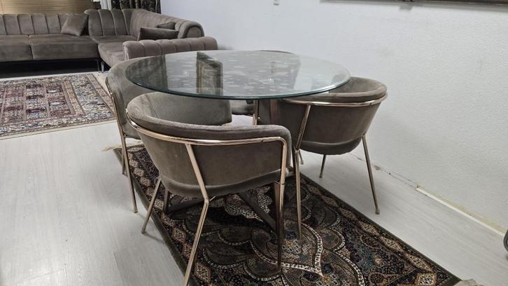 Eethoek, Huis en Inrichting, Stoelen, Zo goed als nieuw, Vier, Leer, Metaal, Stof, Overige materialen, Bruin, Ophalen