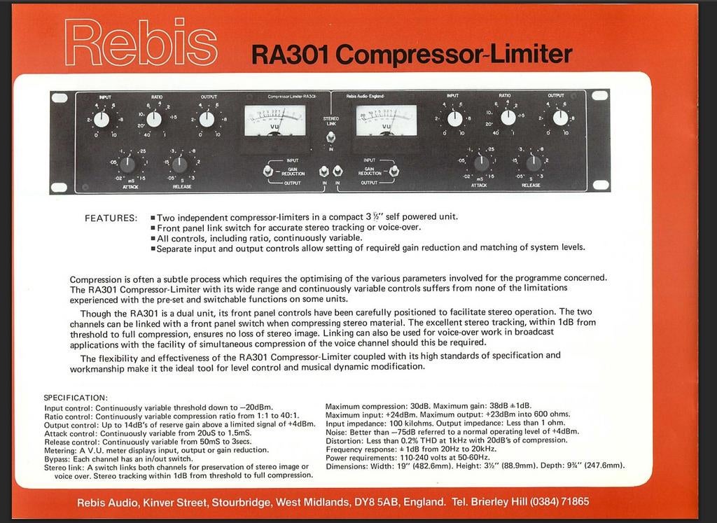 👉 Rebis Audio RA301 Vintage Engelse FET Compressor/Limiter!, Muziek en Instrumenten, Ophalen of Verzenden, Gebruikt, Delay of Echo