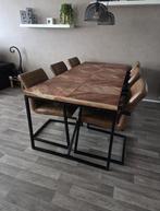 Industriële Mango Eettafel met 6 stoelen ingoede staat, Ophalen, 200 cm of meer, 50 tot 100 cm, Zo goed als nieuw